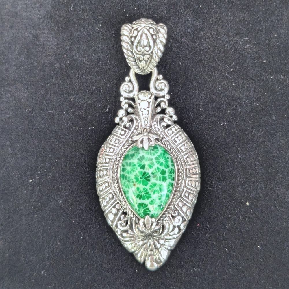 Sarda Artisan Bali 925 Silver Green Indonesian Fossilized Coral Pear Pendant